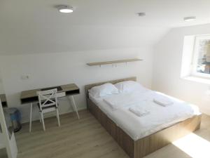 Cama en habitación con escritorio y cama sidx sidx sidx sidx en Evi Rooms Ljubljana en Liubliana