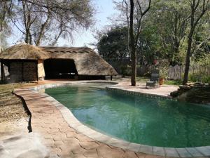 a swimming pool in front of a thatched building at Kayube Boat House in Livingstone