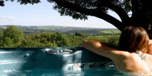 a woman sitting in a swimming pool looking out at a tree at Clydey Cottages Pembrokeshire in Pembrokeshire
