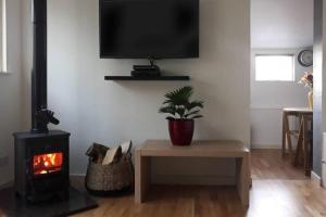 uma sala de estar com lareira e televisão em Herons Rest em Drumnadrochit