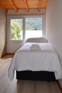 1 dormitorio con 1 cama grande y ventana grande en San Martin Garden en San Martín de los Andes