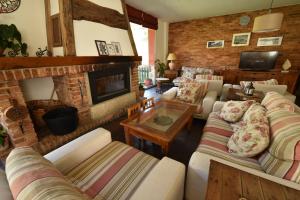 a living room with couches and a fireplace at Hotel El Jisu in Camaleño