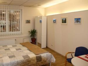 a bedroom with a bed and a table and a window at Ferienwohnung Bernhardt in Zella-Mehlis