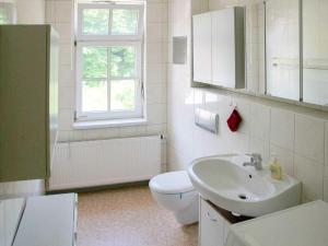 a bathroom with a sink and a toilet and a window at Ferienwohnung Bernhardt in Zella-Mehlis
