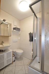 une salle de bains avec douche, toilettes et lavabo dans l'établissement Zum Augustiner I, Erfurt Zentrum, à Erfurt