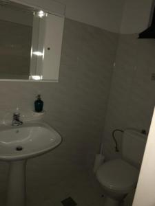 a bathroom with a sink and a toilet and a mirror at The Pines in Skala