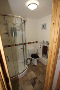 a bathroom with a glass shower and a toilet at Lynton Lodge Studios in Keswick