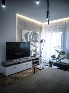 Televízia a/alebo spoločenská miestnosť v ubytovaní Raw Industrial City Apartment