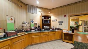 a large kitchen with wooden cabinets and a counter at Country Inn & Suites by Radisson, Salina, KS in Salina