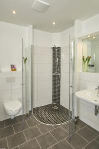 uma casa de banho com um chuveiro, um WC e um lavatório. em Hotel BonaMari em Salzgitter
