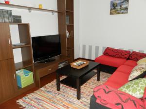 a living room with a red couch and a tv at Apartamento Río Breiro in Boiro