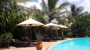 
a beach with umbrellas and palm trees at African Dream Cottages - Diani Beach in Diani Beach
