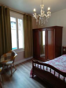 ヴァンドームにあるAppartement 2 chambres 52 m2 centre villeのベッドルーム1室(ベッド1台、シャンデリア、椅子付) +6枚の写真