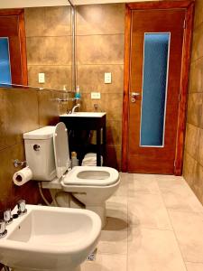 a bathroom with a toilet and a sink and a mirror at CERROS del NORTE II Departamentos in San Salvador de Jujuy