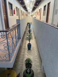 an empty hallway with potted plants in a building at Hotel Rota Do Mar Inn Itajaí Navegantes in Itajaí