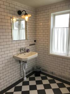 a bathroom with a sink and a mirror at Hagabergets Vandrarhem in Ullared