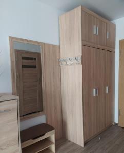 a room with wooden cabinets and a mirror at Tip Top Apartments Kasprowicza in Kołobrzeg