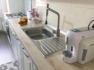 a kitchen counter with a sink and a mixer at Elegantza Suites in Braşov