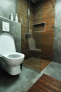 a bathroom with a toilet and a glass shower at Lagadin Lakeview Apartment in Ohrid +44 photos