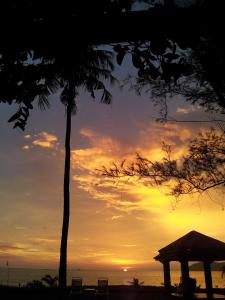 einen Sonnenuntergang mit einer Palme und einem Pavillon in der Unterkunft Frangipani Langkawi Resort in Pantai Cenang