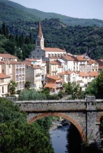 a bridge over a river with a town in the background at PIED A TERRE 4 in Amélie-les-Bains-Palalda