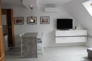 Televízia a/alebo spoločenská miestnosť v ubytovaní Quelle-Apartman