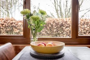 a bowl of apples on a table next to a window at Redlands Country Lodge Apartments with Hot Tubs in Ladybank