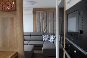 焦爾的住宿－Quelle-Apartman 2，带沙发和电视的客厅