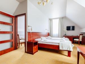 a bedroom with a bed and a desk and a television at Hotel Skalite Spa & Wellness in Szczyrk
