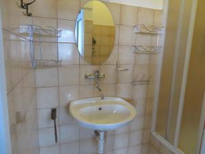 a bathroom with a sink and a mirror on the wall at Hotel Lux in České Budějovice