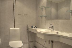 een badkamer met een wastafel, een toilet en een spiegel bij Kullasmarina Holiday Villas in Padasjoki