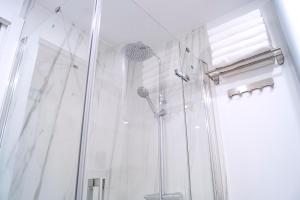 a shower with a glass door in a bathroom at Moncloa room apartments in Madrid