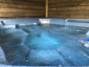 bañera de hidromasaje con agua azul en una habitación en Onder de Walnoot, en Ermelo
