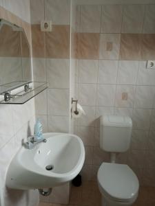 a bathroom with a white sink and a toilet at Jakus Ház in Nagymaros