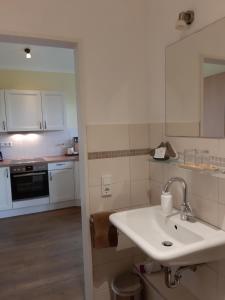 a white kitchen with a sink and a counter at Apartments Luisenhof in Krefeld