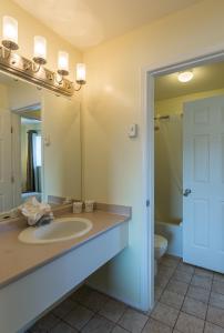een badkamer met een wastafel, een toilet en een spiegel bij Oasis Inn in Kelowna
