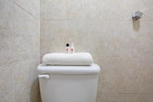 a white toilet with two candles on top of it at Hotel Villa Hermosa in Oaxaca City