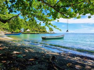 a boat sitting on the shore of a beach at Hostal Doble Vista in Capurganá