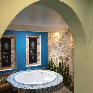 Hotel Real de Piedra في Pénjamo: حوض استحمام في الحمام بجدار حجري
