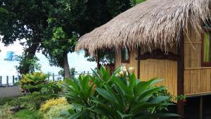 una cabaña con techo de paja y algunas plantas en Lena house Flores, en Hitokalak