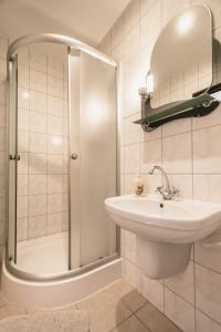 a bathroom with a sink and a shower at Pensjonat BONI in Tolkmicko