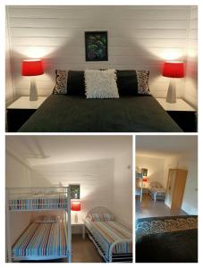 two pictures of a bedroom with a bed and a lamp at Licence to Chill on Bribie in Bongaree