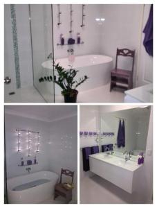 two pictures of a bathroom with a tub and a sink at Licence to Chill on Bribie in Bongaree