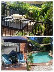 a collage of three pictures of a pool with chairs and an umbrella at Licence to Chill on Bribie in Bongaree