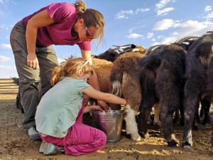 Vast Mongolia Tour & Hostel في أولان باتور: النساء والبنت الصغيره يقومون باطعام الماعز