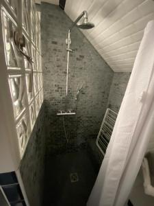 ein Bad mit einer Dusche in einer Ziegelwand in der Unterkunft Le Loft in Aulnay-sous-Bois