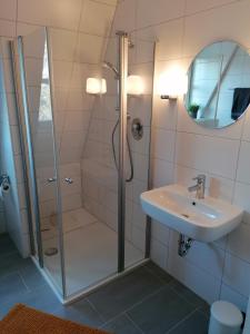 ein Bad mit einer Dusche und einem Waschbecken in der Unterkunft Ferienhaus Bremke am Alfsee in Rieste