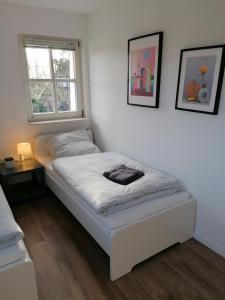 1 cama en un dormitorio con 2 cuadros en la pared en Ferienhaus Bremke am Alfsee, en Rieste