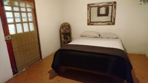 a bedroom with a bed and a mirror on the wall at Casa Verde, Cahuita in Cahuita