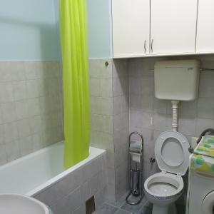 a bathroom with a toilet and a green shower curtain at Blue apartman in Sombor +7 photos